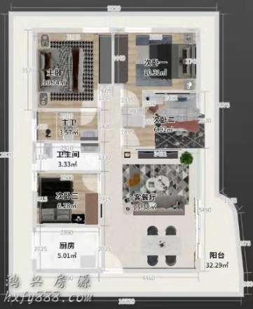 福星公馆准拆迁房--大3房2厅2卫120平方售159万，送一层120天台